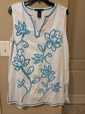 Grace Elements White Linen Tunic with Turquoise Trim